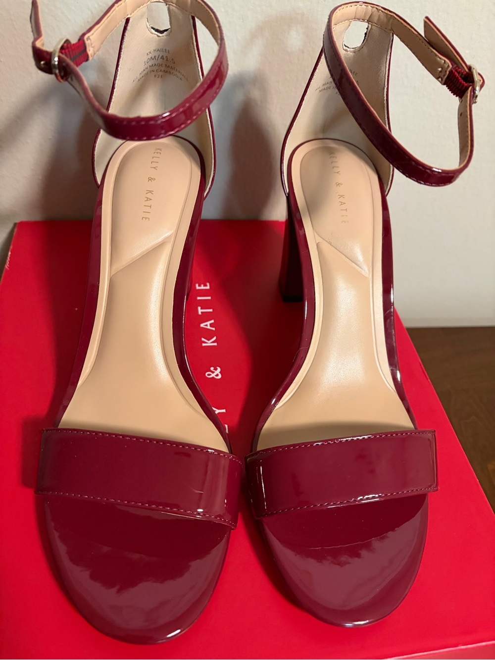 Kelly & Katie Burgundy Patent Block Heel Ankle-Strap Sandals - Picture 2 of 5